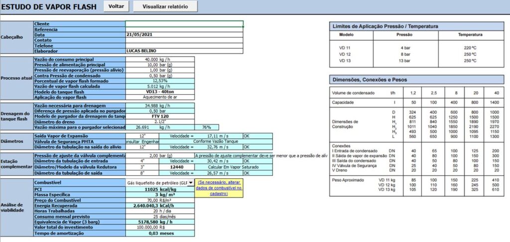 Tela do relatório de Estudo de Vapor Flash - MyBermo